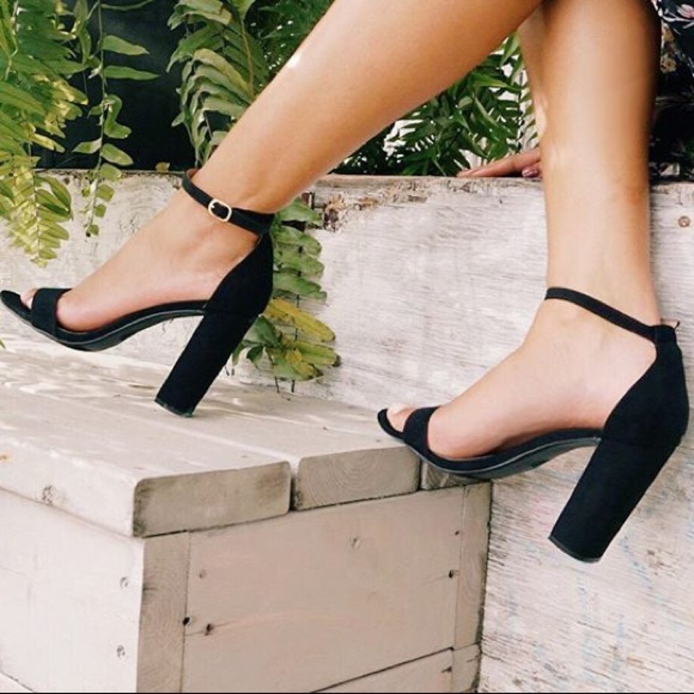 Size 8. Black Suede Strappy Block Heel. Merona.